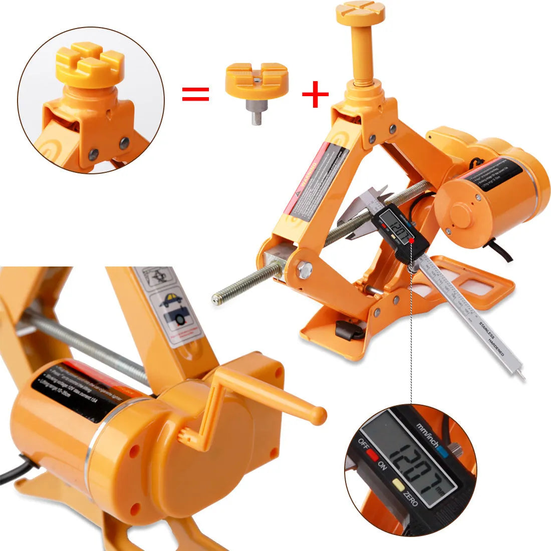 Yellow steel car jack set with electric wrench for automotive tyre changes