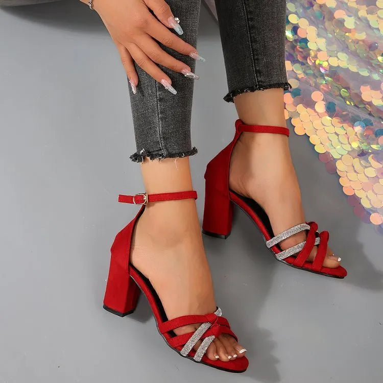 Women's black ankle-strap high heel sandals with square toe and buckle closure