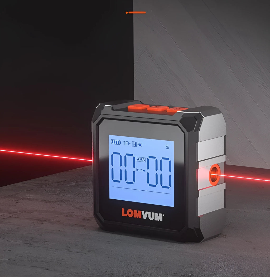 Longyun digital laser inclinometer with black alloy casing and backlit display on a metal beam.