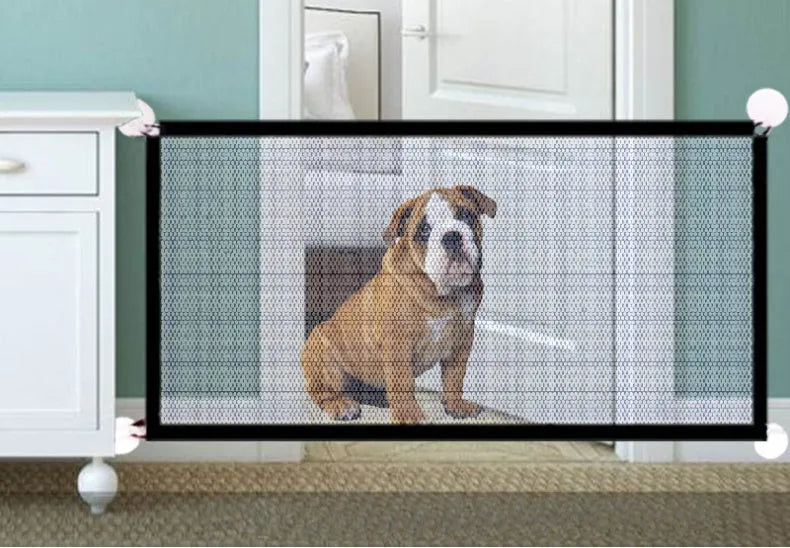 Foldable black cloth pet protection fence placed in a doorway, 110x72 cm size, for holding a small dog