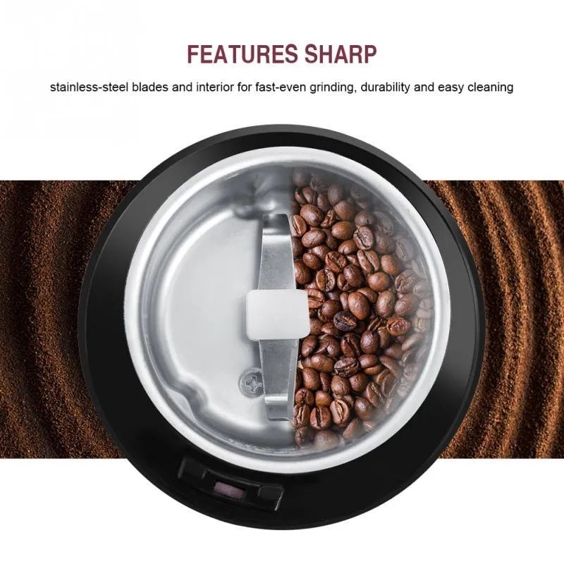 Black mini electric grinder with stainless steel liner and 400W motor for coffee beans and spices