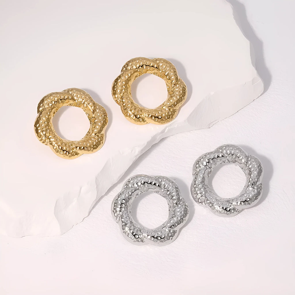 Stainless steel geometric round stud earrings in gold and steel colour, electroplated finish