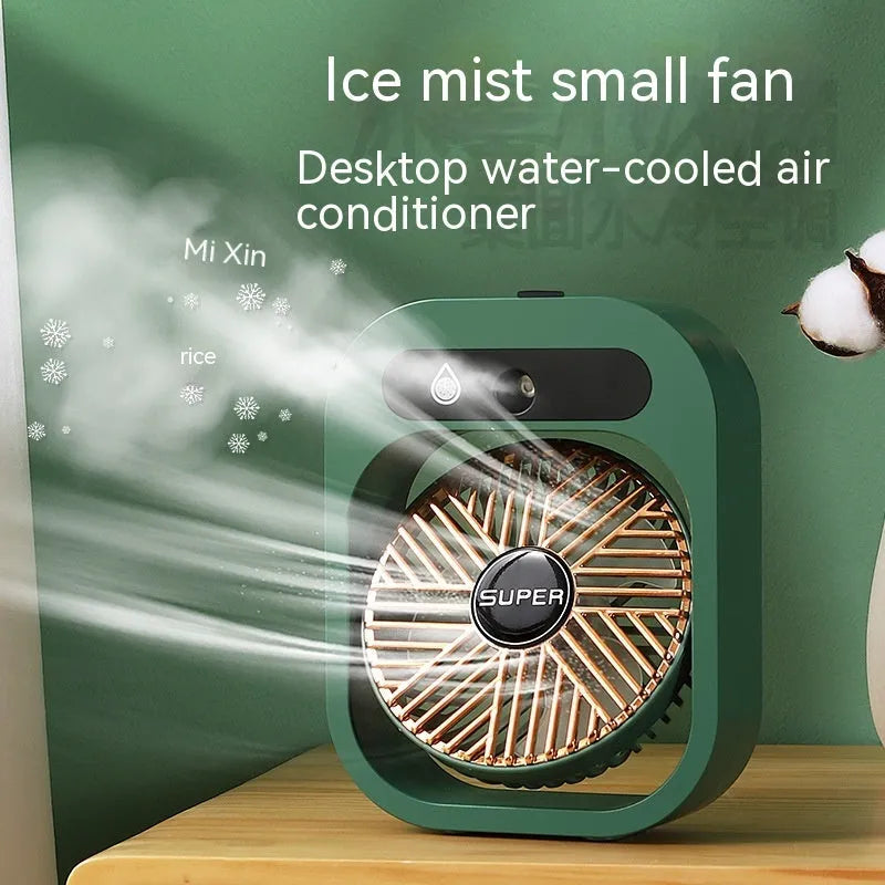 Green and white USB rechargeable portable desk fan with misting humidifier function and adjustable wind direction.