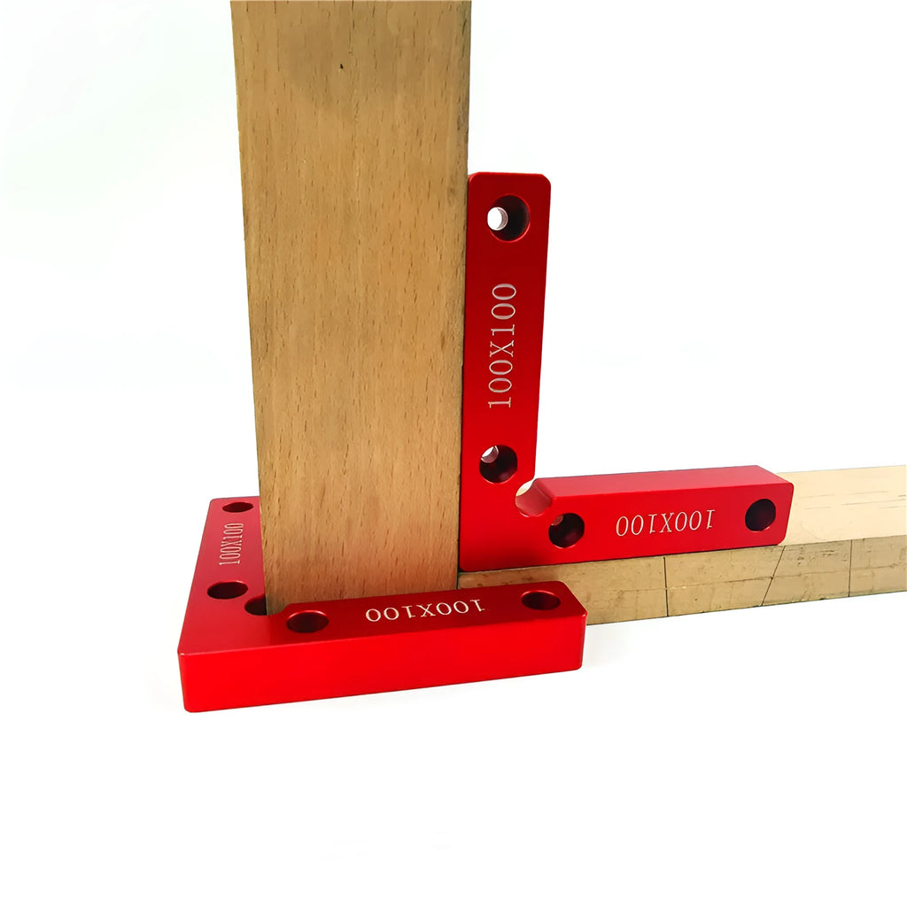Silver anodised aluminium right-angle woodworking positioning block with engraved measurement scales