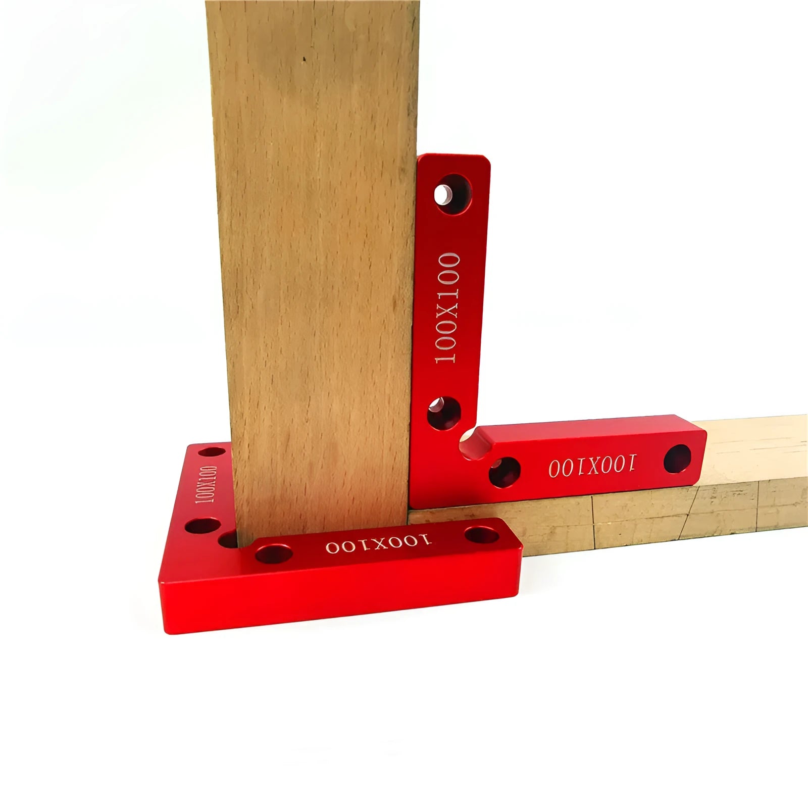 Silver anodised aluminium right-angle woodworking positioning block with engraved measurement scales