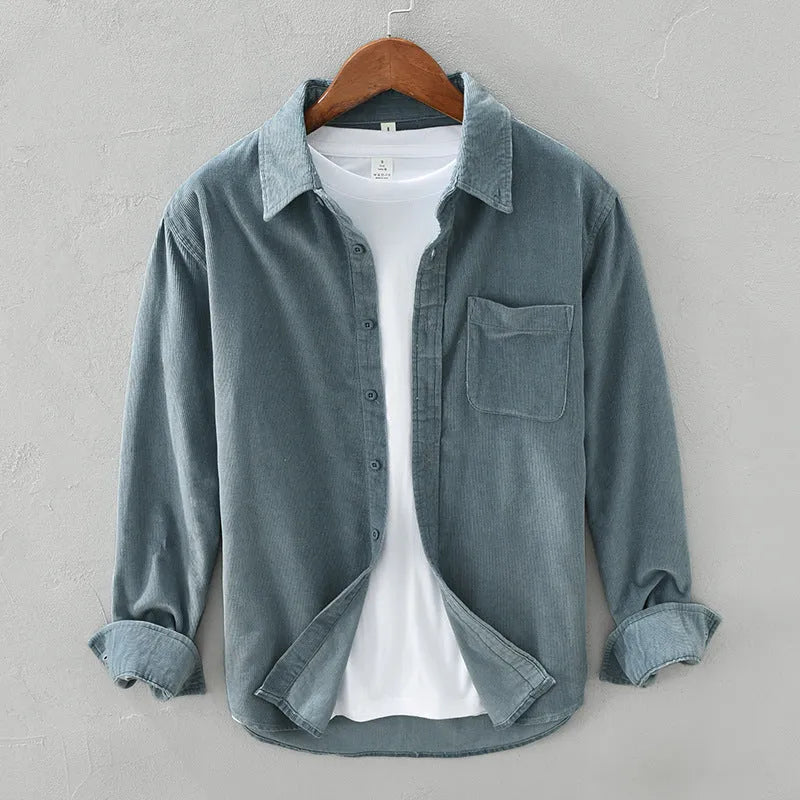 Men's Japanese retro corduroy shirt in apricot, long sleeve, solid colour, cotton fabric