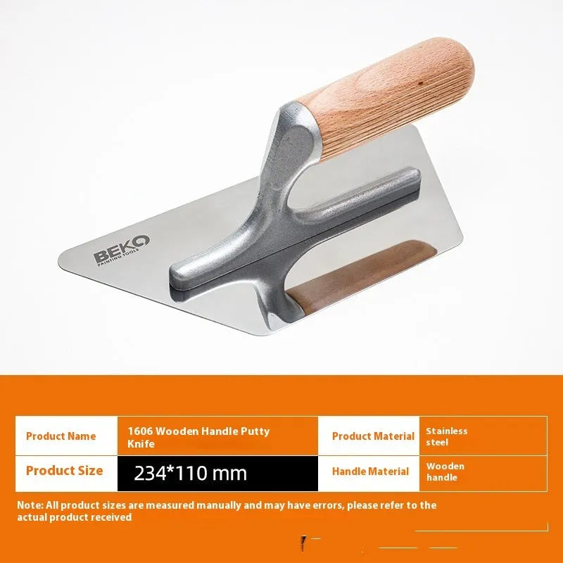 Stainless steel putty scraper with wooden handle showing three blade size options for decorative floor and wall work