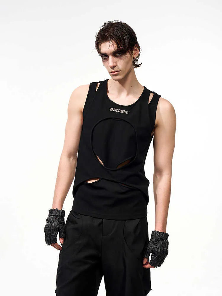 Men's black sleeveless cotton waistcoat with a round neck and loose fit, laid flat on a white background.