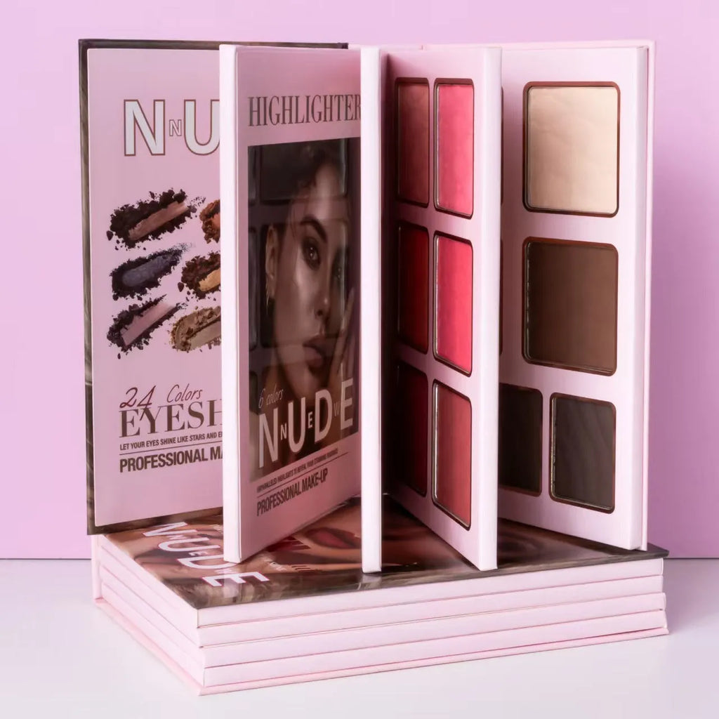 Multifunctional makeup palette open to show matte and shimmer eye shadows, blush, and highlighter pans in colour U137A.