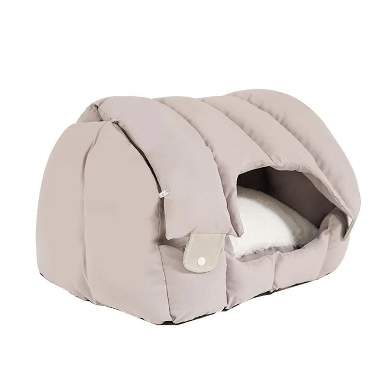 Grey arched cat nest with a detachable sofa base, showing enclosed pet bed design.