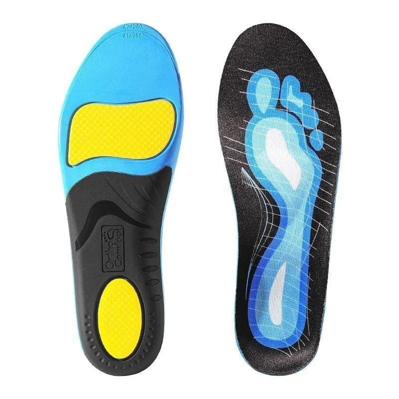 Blue and green PU foam flat foot correction insoles for arch support, shown with size markings.