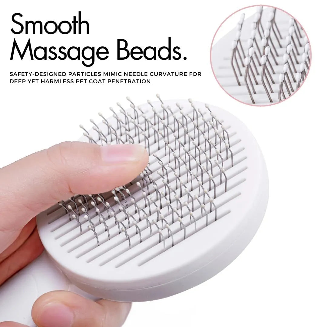 Self-cleaning pet grooming slicker brush with blue handle and stainless steel bristles