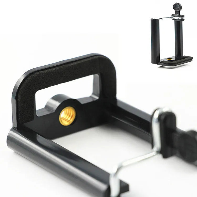 Black plastic U clip mobile phone holder mounted on a hose.