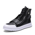 Men's black and white PU leather high-top ankle boots for winter, showing sneaker-style design.