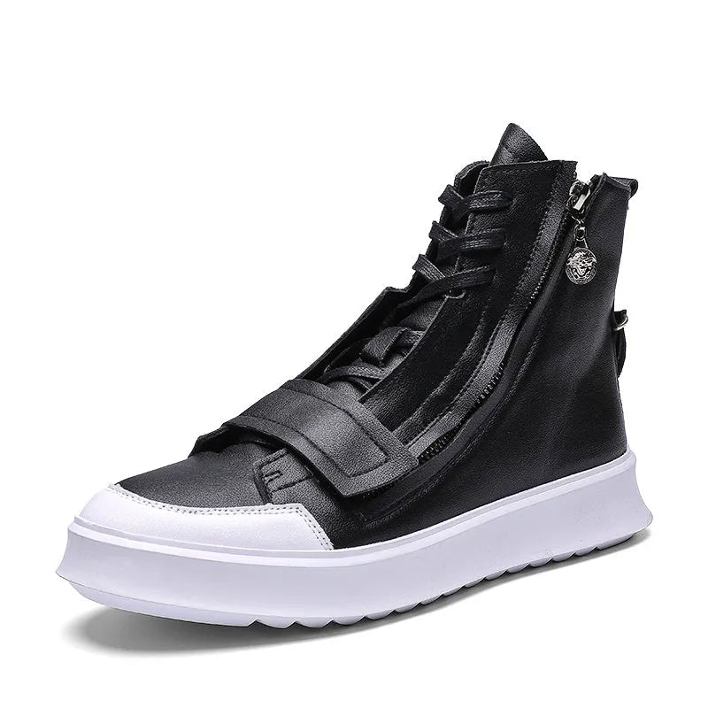 Men's black and white PU leather high-top ankle boots for winter, showing sneaker-style design.