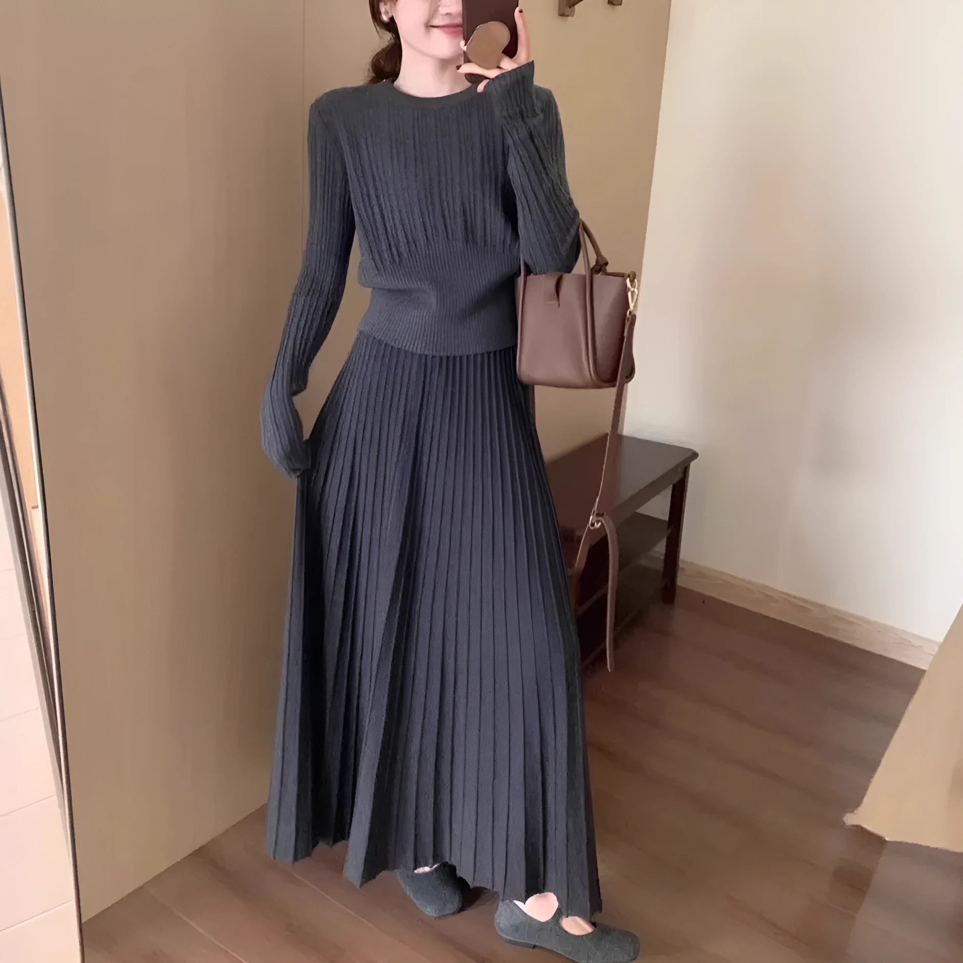 Women's dark grey knitted dress suit with 3D pattern, artistic retro style two-piece set.