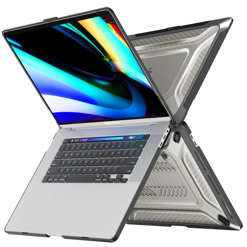 MacBook laptop protective hard shell case shown in cool black, starry sky grey, elegant apricot, and sapphire blue colour options.