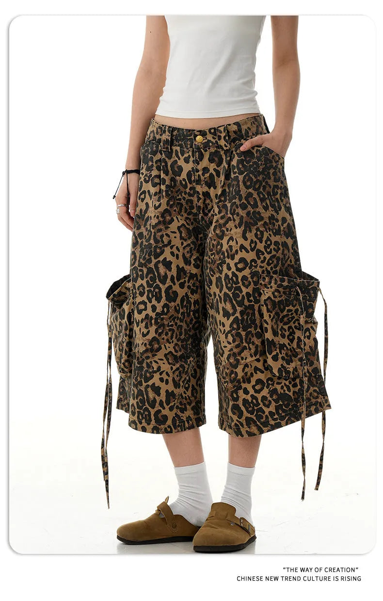 Women's high waist cotton leopard print cropped pants with button front cardigan opening