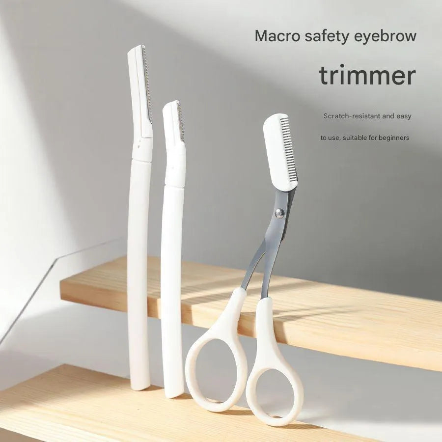 Eyebrow trimming tool set with macro safety design including special eyebrow razor