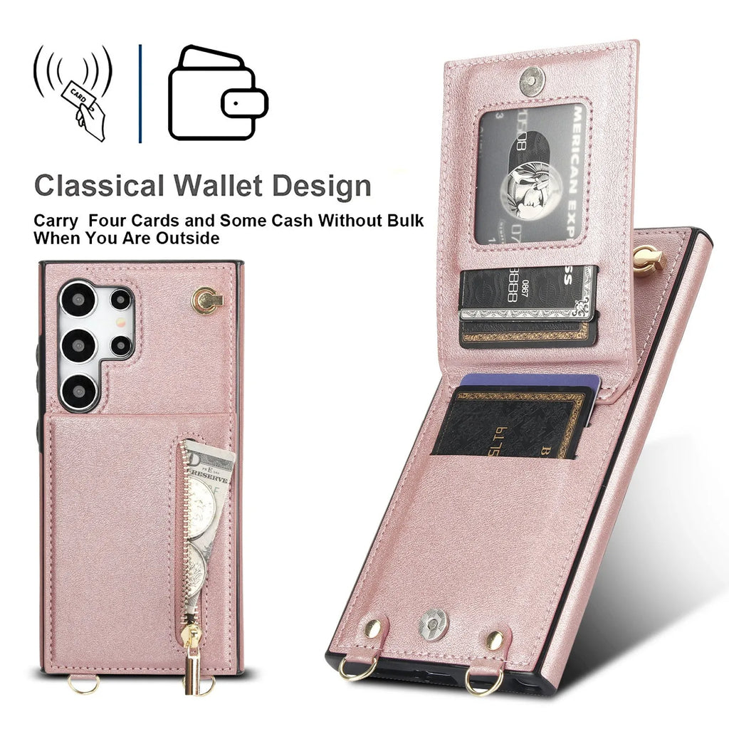 Black Samsung phone case with card slot, flip-out stand, and attached crossbody strap