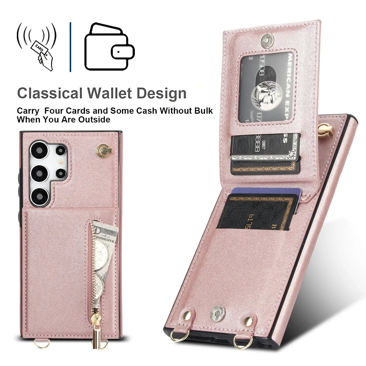 Black Samsung phone case with card slot, flip-out stand, and attached crossbody strap