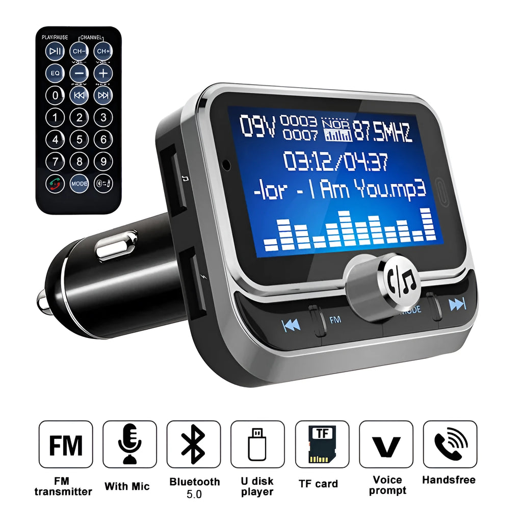 Silver car MP3 player with LCD display, Bluetooth, USB charging, and TF card slot