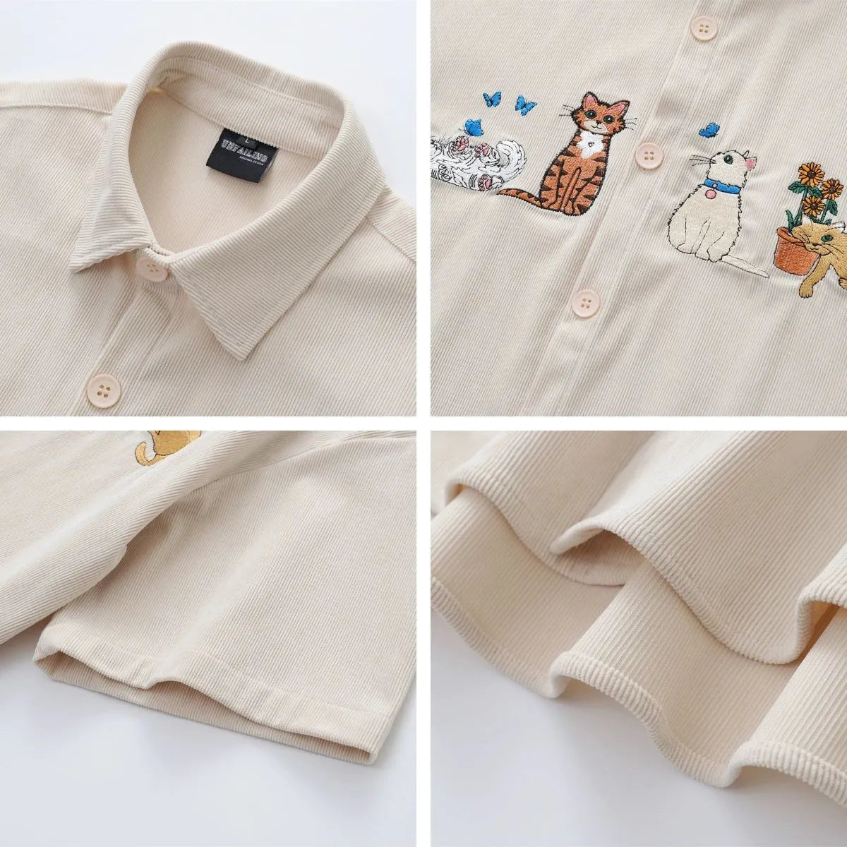 Loose fit cartoon pattern embroidery shirt in apricot colour, cardigan style.