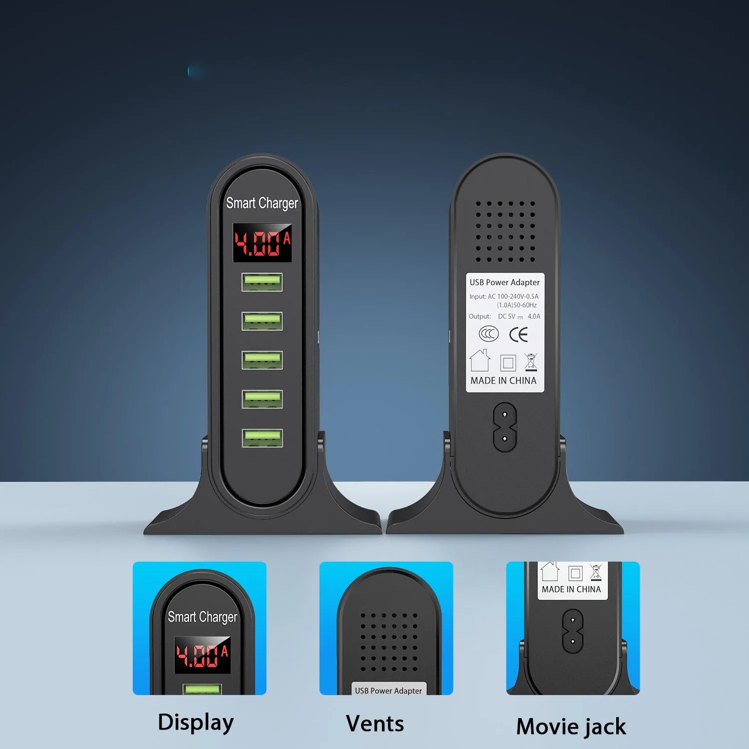 Smart LED digital display USB wall charger in black or white with UK, EU, or US plug options.