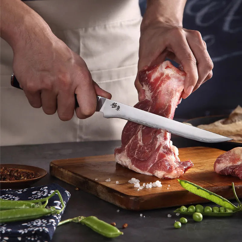Sanhe Steel AUS-10 stainless steel 8-inch Japanese-style butcher knife on cutting board