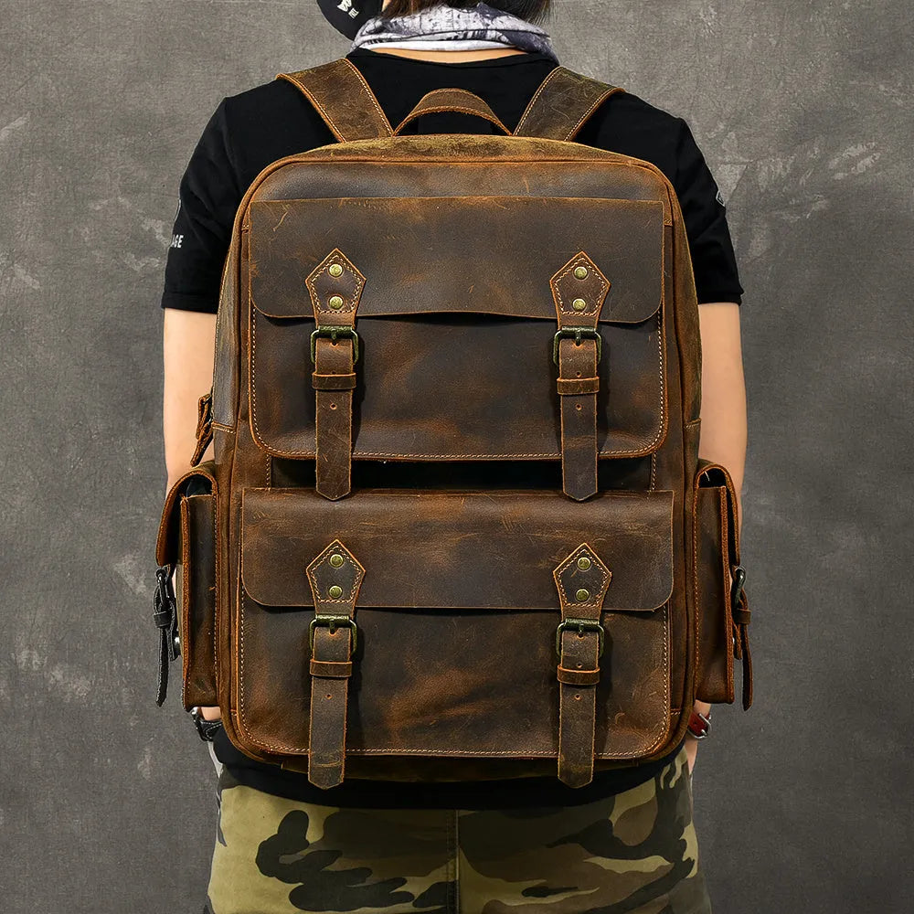 Crazy Horse leather backpack coffee colour vintage cowhide rucksack with adjustable strap