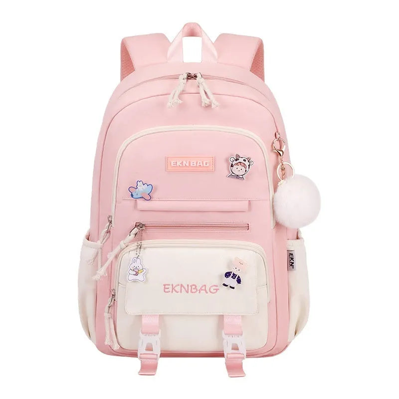Waterproof girls school backpack in Oxford cloth with childlike cute design and curved shoulder straps