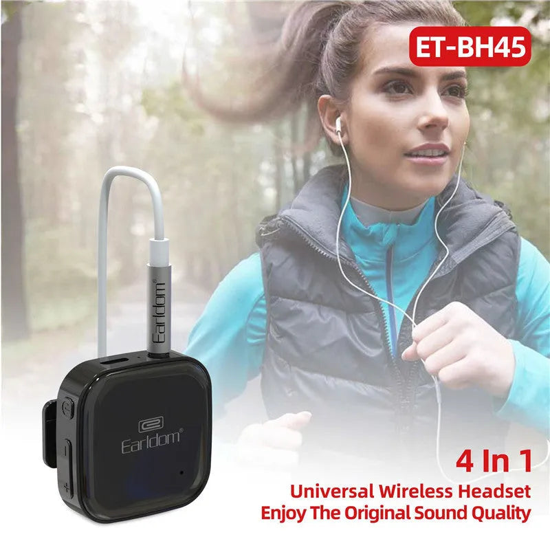 Black Bluetooth lavalier headset with microphone, showing wireless audio receiver unit.