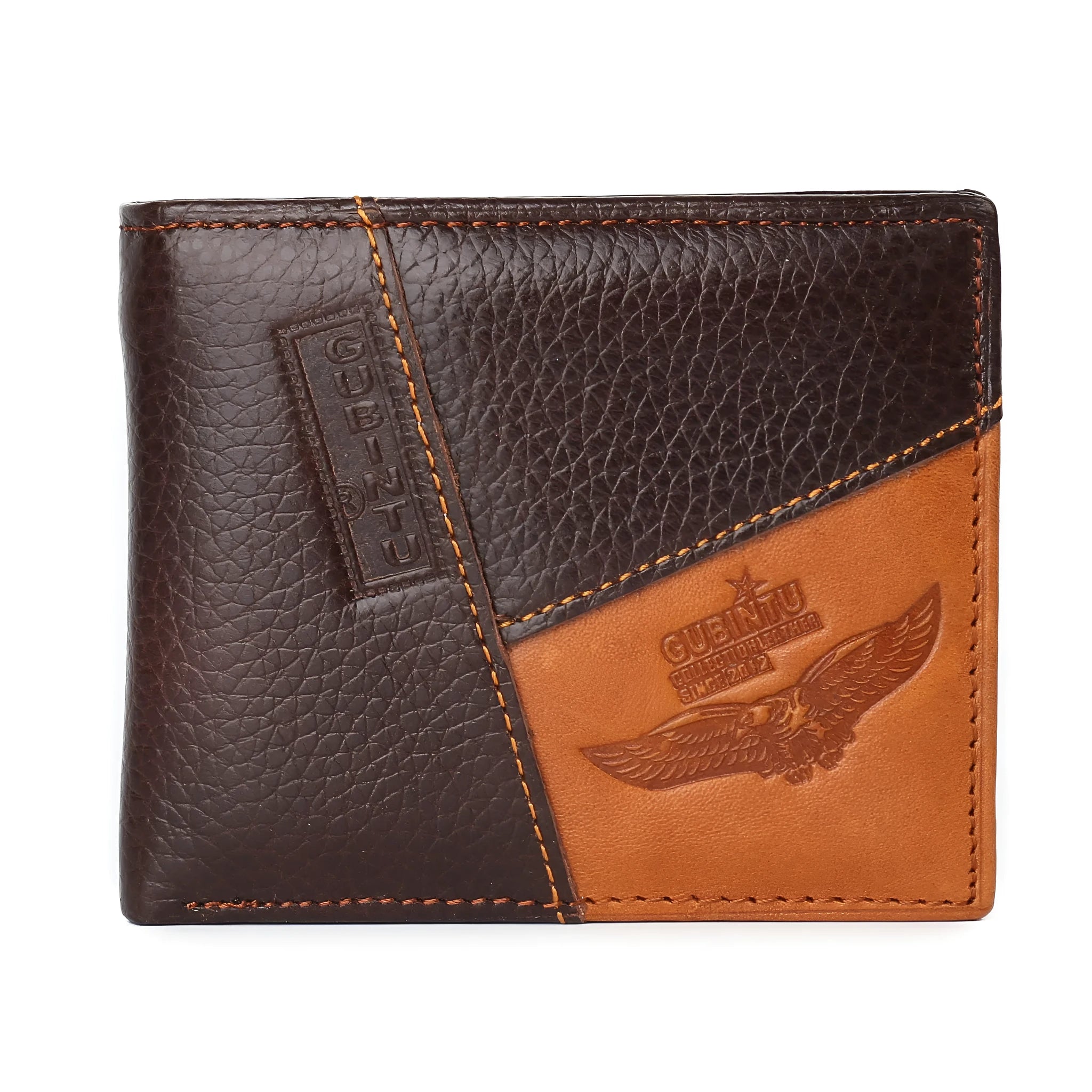 Soft brown cowhide men's wallet open, showing card slots, bill compartment, and zippered coin section with contrast stitching.