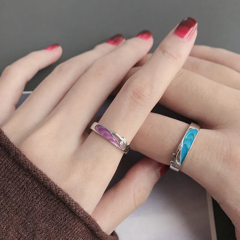 Student minimalist couple rings adjustable 925 silver epoxy finish geometry shape natural style