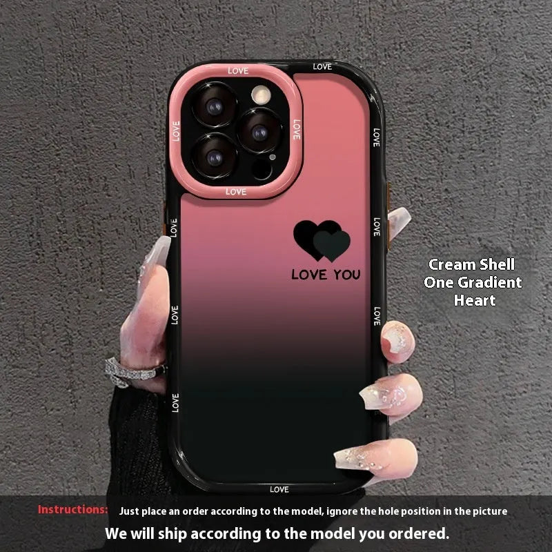 Acrylic hard shell iPhone case with fine hole pattern and a gradient love heart design on a cream and black background.