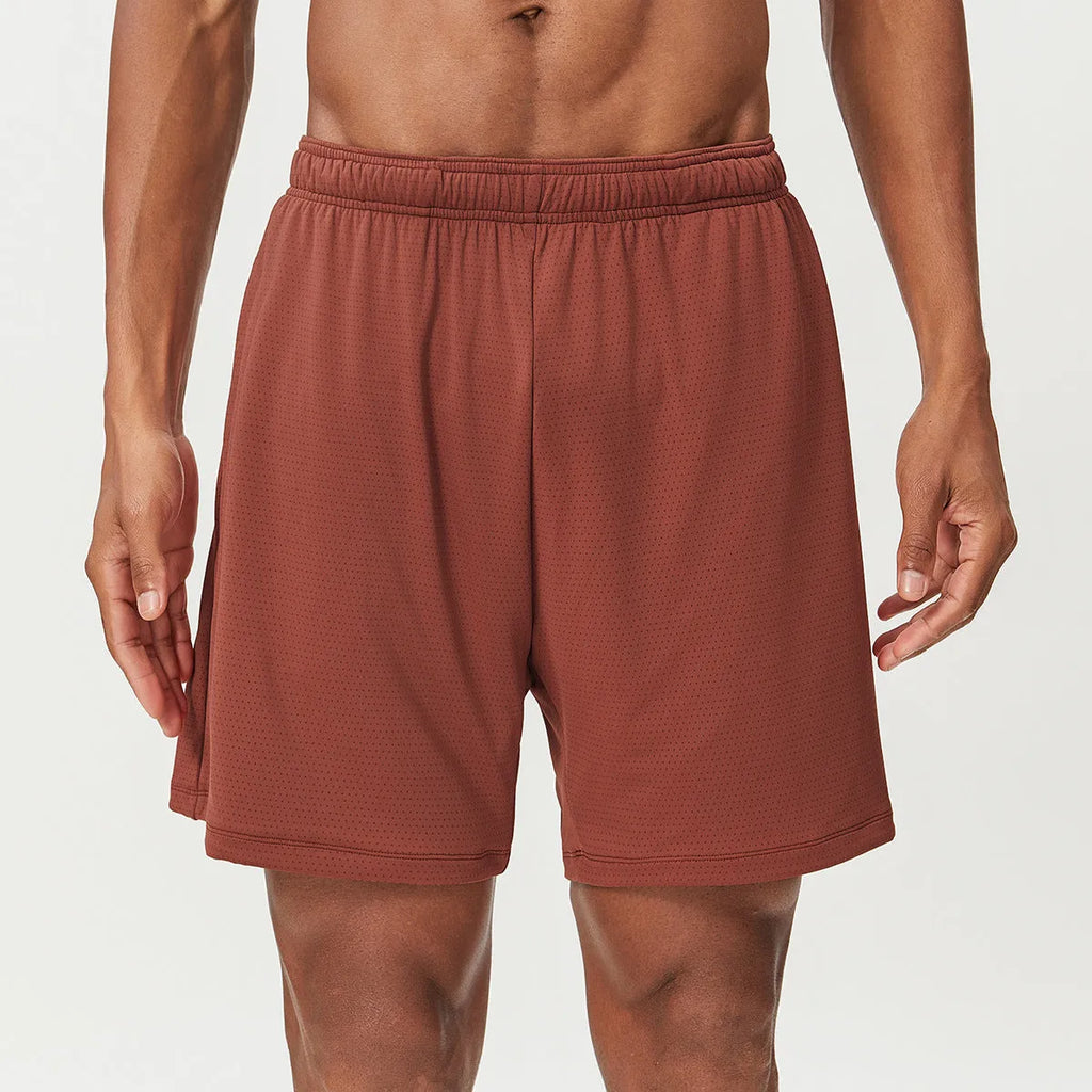Men's quick-drying double-layer running shorts in sky green, shown from front and back.