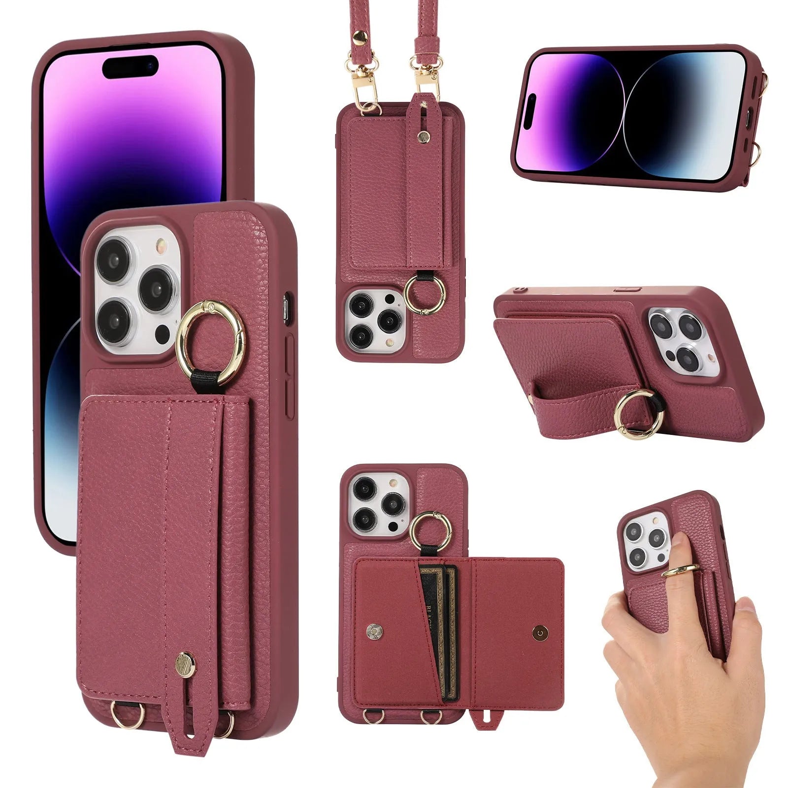 Imitation leather cross-body lanyard phone case with card clamp holder, black colour, compatible with iPhone 14 Pro Max