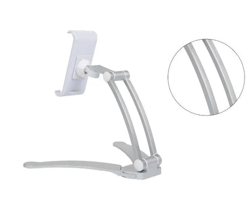 Silver aluminium desktop stand holding a tablet, showing 360-degree rotation and adjustable clamp mechanism.