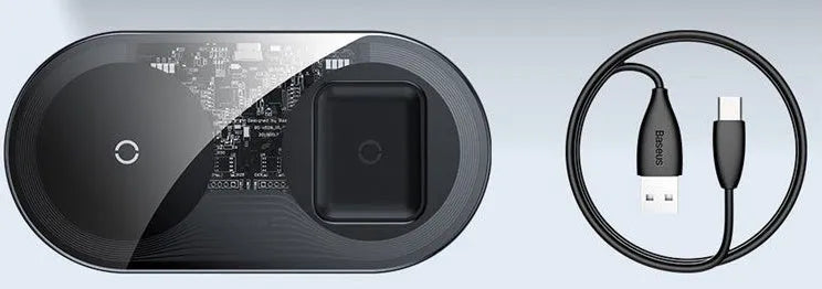 Two-in-one fast wireless charging pad with breathing light, aluminium and glass build, black colour, shown on desk