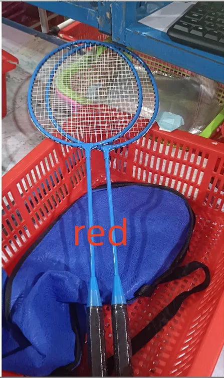 Pair of blue and red split-design alloy badminton rackets with a protective carry case.