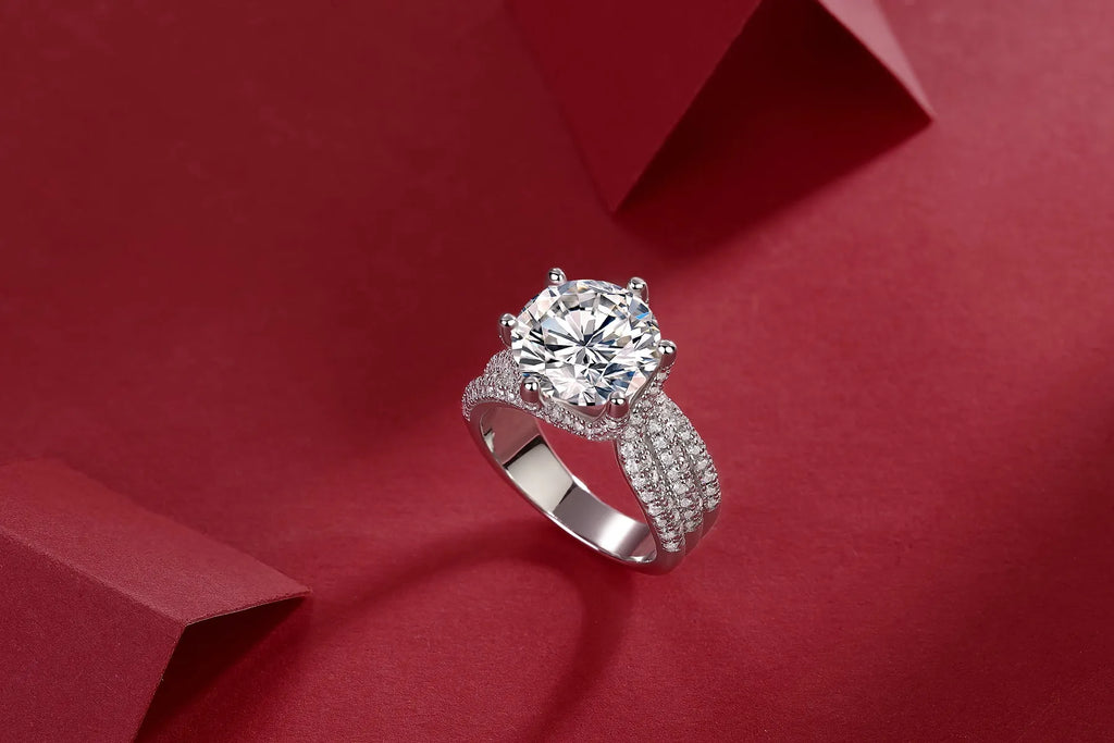 Eternal Vow wedding ring set with 5-carat moissanite in platinum-plated S925 silver band with gift box and GRA certificate