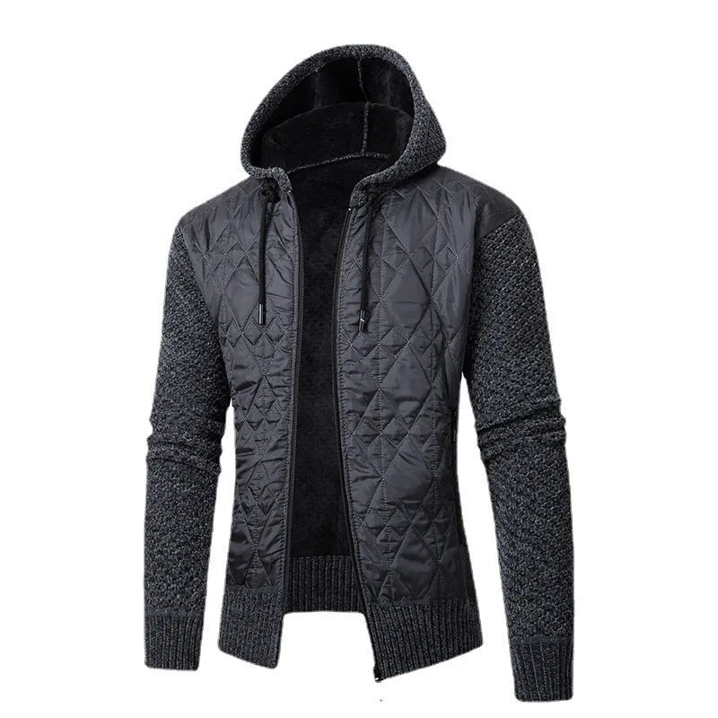 Men's grey hooded corduroy cardigan coat with a cinched waist, shown on a model.