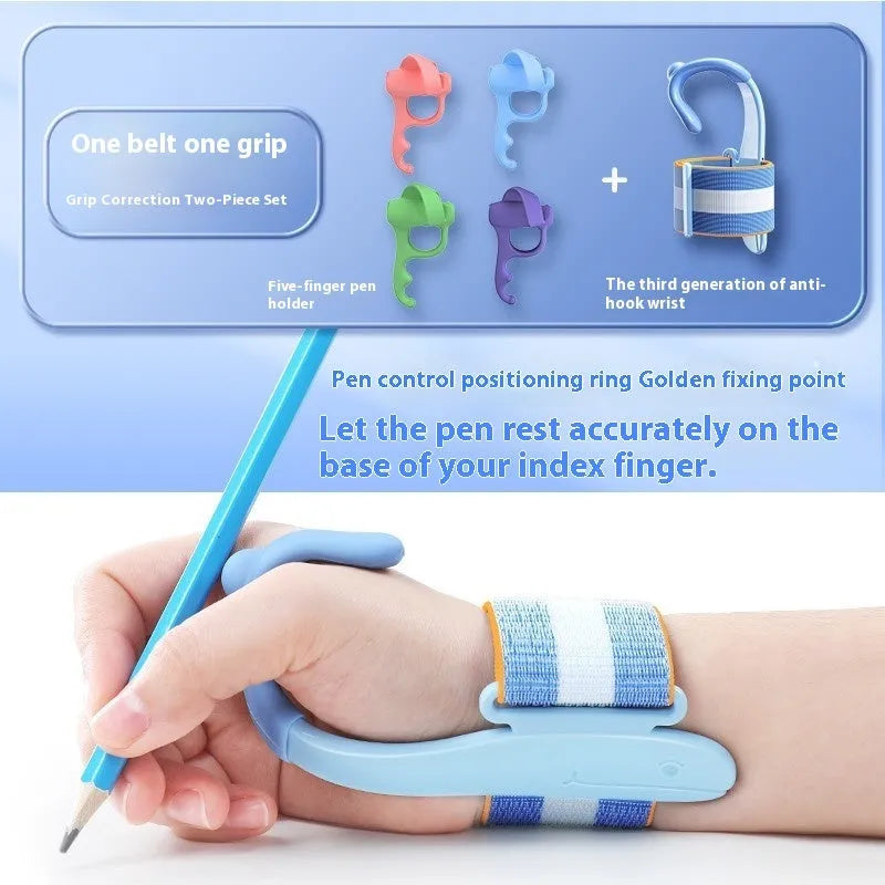 Blue anti-hook pen control corrector wrist brace on a child's hand holding a pencil.