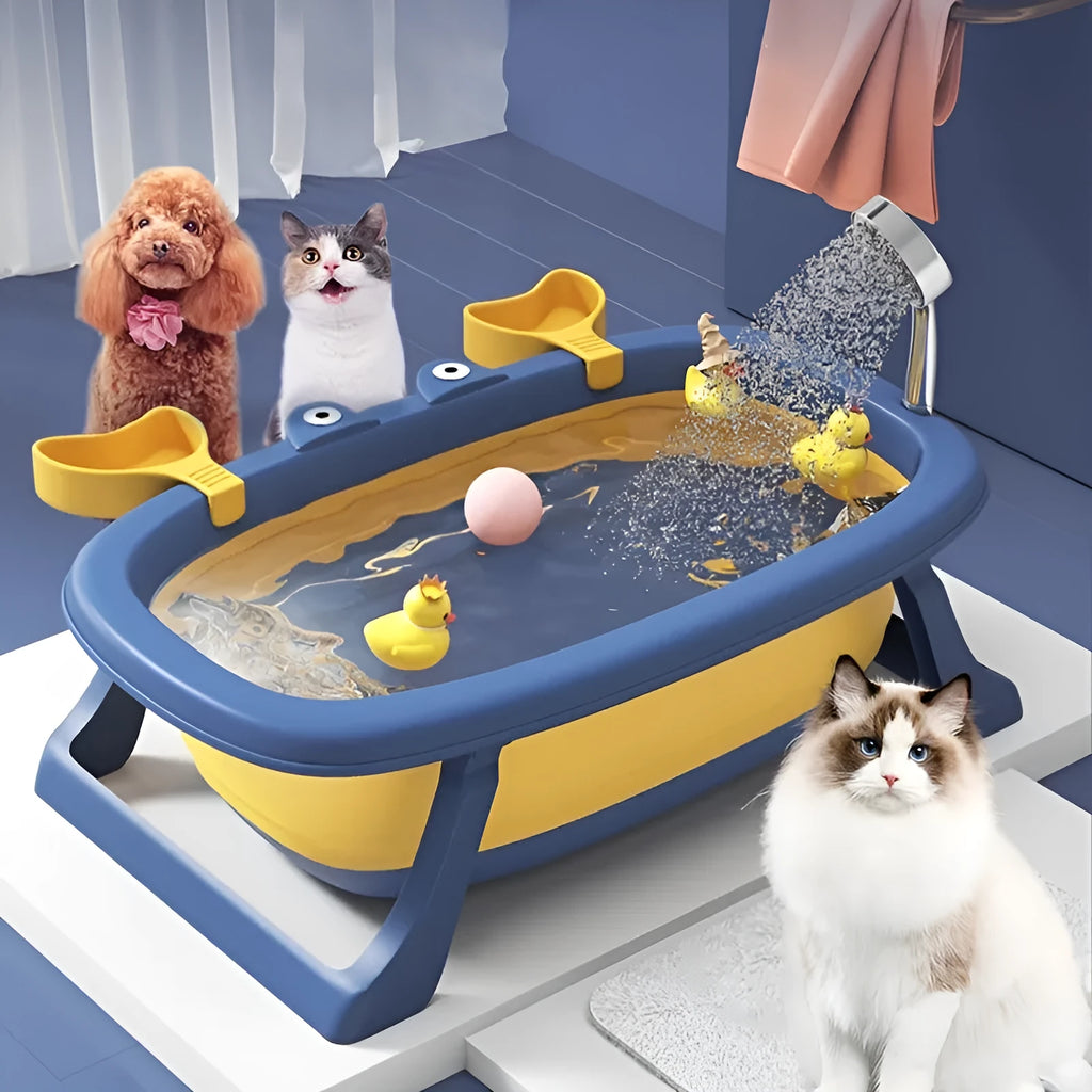 Foldable blue portable pet bath tub for small dogs and cats on a white background.