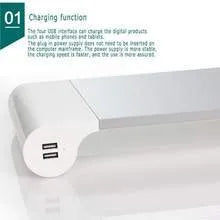 Smart aluminium and plastic computer monitor stand with USB charging ports and a hidden keyboard storage shelf