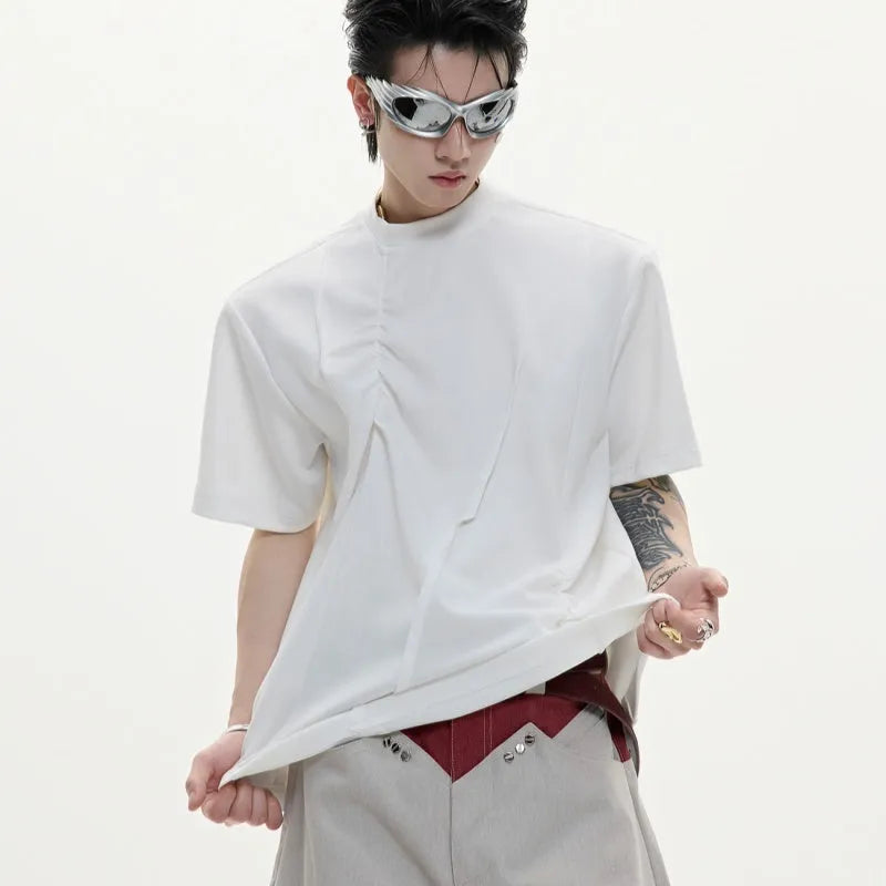 Men's loose fit cotton T-shirt with pleated detail and round neck in grey.