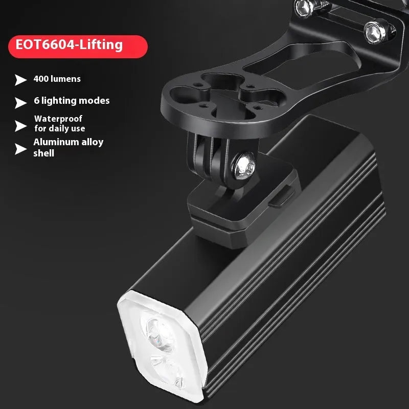 Aluminium alloy bicycle headlights with silicone mounting bracket showing 400 lumen brightness rating