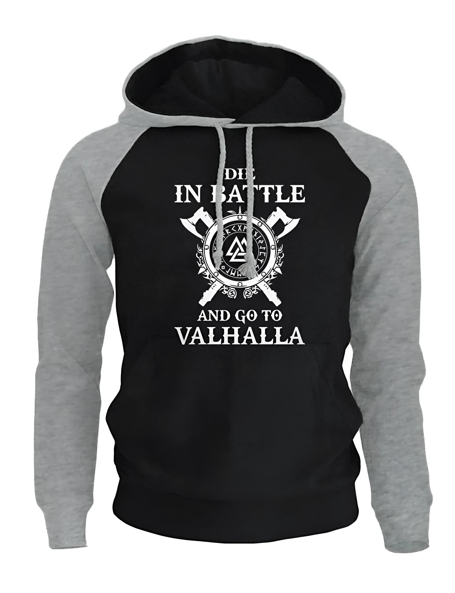 Men's loose fit hoodie in dark blue grey with letter print, hood, long sleeves, and front pockets