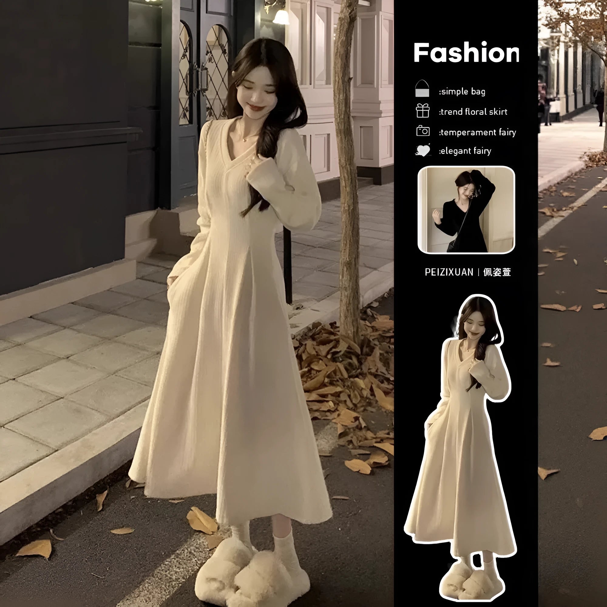 Women's V-neck knitted dress with princess sleeves in black or milky white polyester fabric