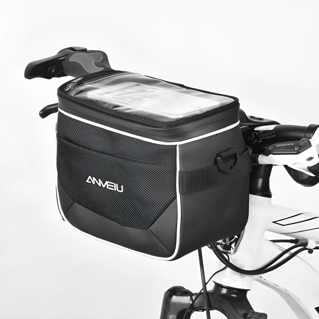 Black folding bicycle handlebar bag with hanging loop, shown attached to bike bars.